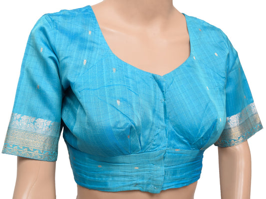 Sushila Vintage Readymade Sari Blouse Turquoise Blue  Pure Silk Woven Top Size36