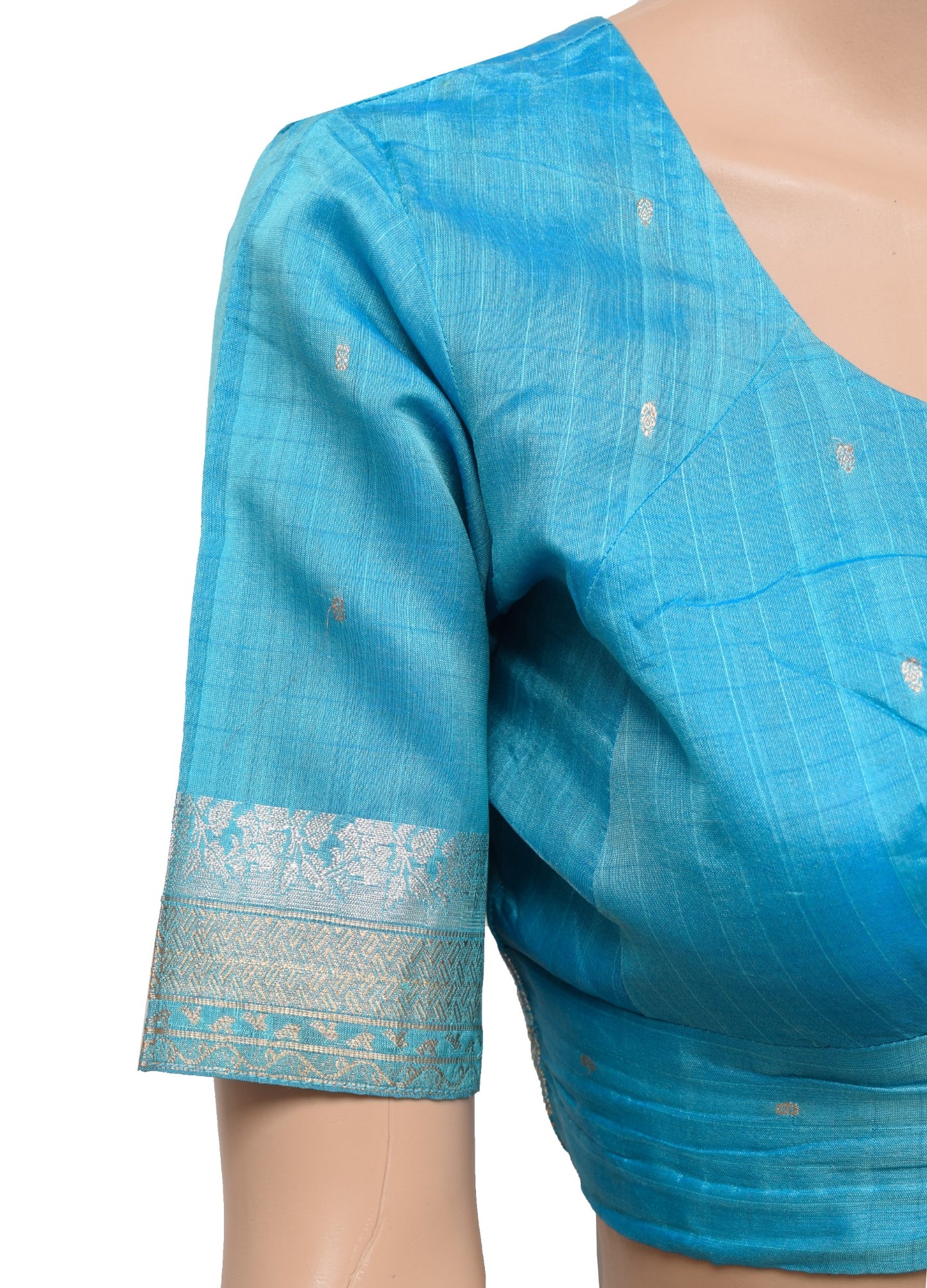 Sushila Vintage Readymade Sari Blouse Turquoise Blue  Pure Silk Woven Top Size36