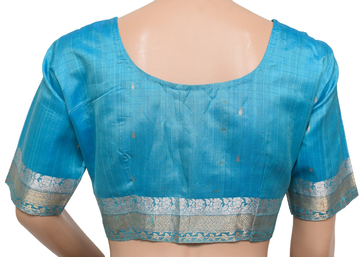 Sushila Vintage Readymade Sari Blouse Turquoise Blue  Pure Silk Woven Top Size36