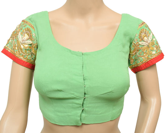 Sushila Vintage Green Stitched Sari Blouse Pure Georgette Gotta Patti Work Top