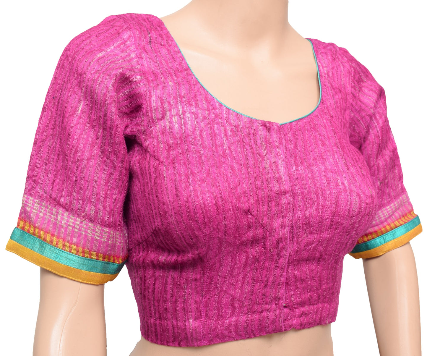 Sushila Vintage Readymade Magenta Sari Blouse Pure Khadi Silk Woven Choli Size32