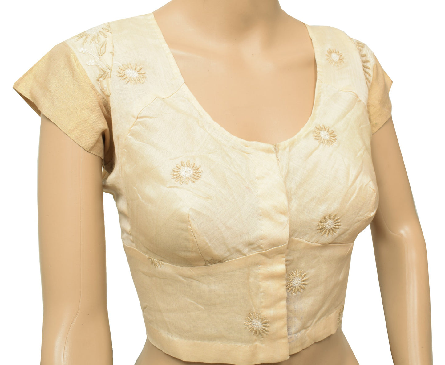 Sushila Vintage Cream Stitched Sari Blouse Pure Cotton Hand Embroidered Top 40"