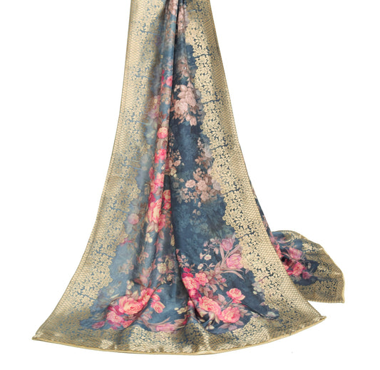 Sushila Vintage 100% Pure Silk Digital Printed Dupatta Blue Floral Long Stole