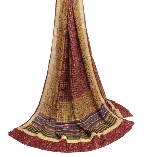 Sushila Vintage Maroon Chiffon Silk Dupatta Hand Block Printed Floral Long Stole