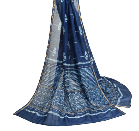 Sushila Vintage Blue Dupatta 100% Pure Cotton Printed & Woven Floral Long Stole