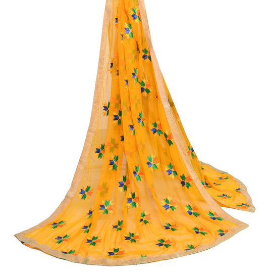 Sushila Vintage Yellow Phulkari Dupatta Chiffon Silk Embroidered Long Stole Veil