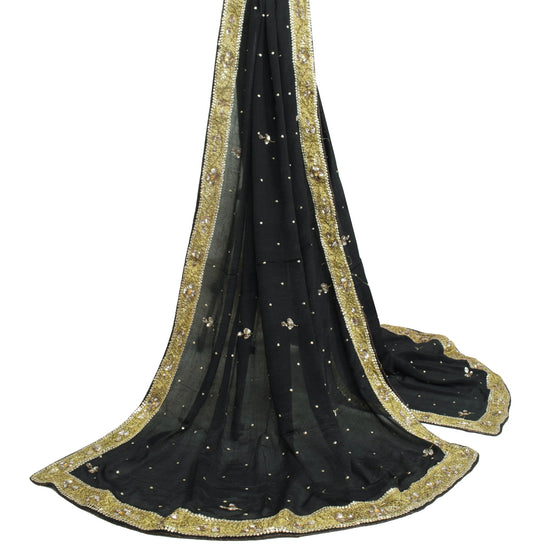 Sushila Vintage Black Sequins Embellish Dupatta Pure Chiffon Floral Long Stole