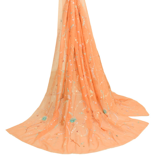 Sushila Vintage Light Orange Floral Dupatta Georgette Silk Embroidery Long Stole