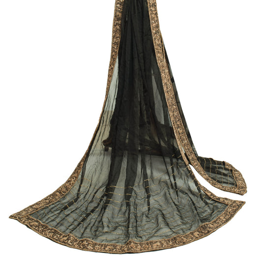 Sushila Vintage Black Chiffon Silk Dupatta Zari Embroidered Border Long Stole