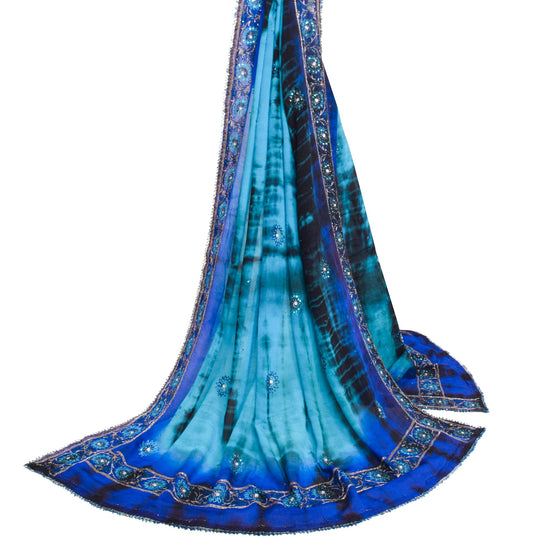 Sushila Vintage Blue Shade Chiffon Silk Dupatta Tie-Dye Embroidered Long Stole