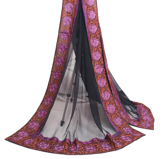 Sushila Vintage Black Chiffon Dupatta Embroidered Floral Patch Work Long Stole