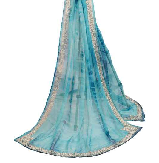 Sushila Vintage Aqua Blue Hand Beaded Dupatta Chiffon Silk Tie-Dye Long Stole