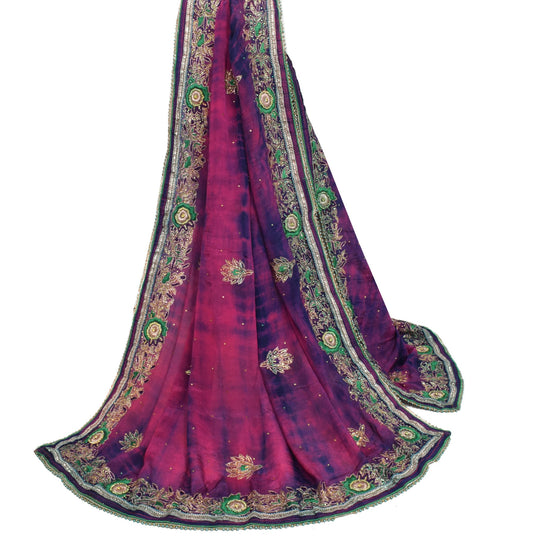 Sushila Vintage Tie-Dye Pure Chiffon Silk Dupatta Embroidered Floral Long Stole