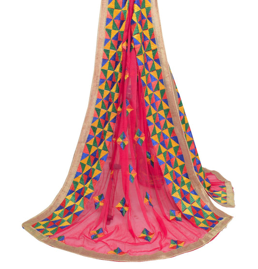 Sushila Vintage Magenta Dupatta Chiffon Silk Phulkari Embroidered Long Stole