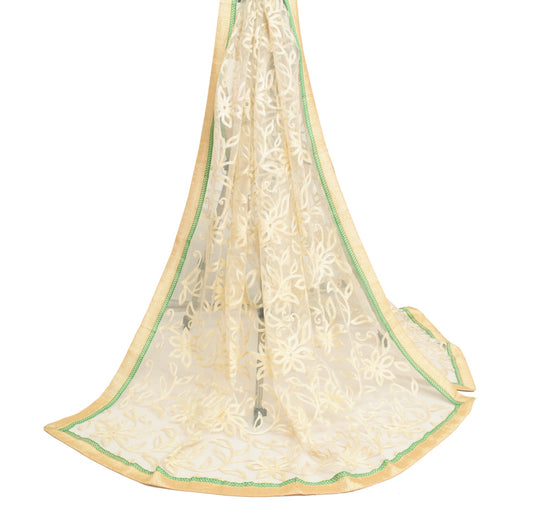 Sushila Vintage Cream Net Mesh Dupatta Embroidered Floral Traditional Long Stole