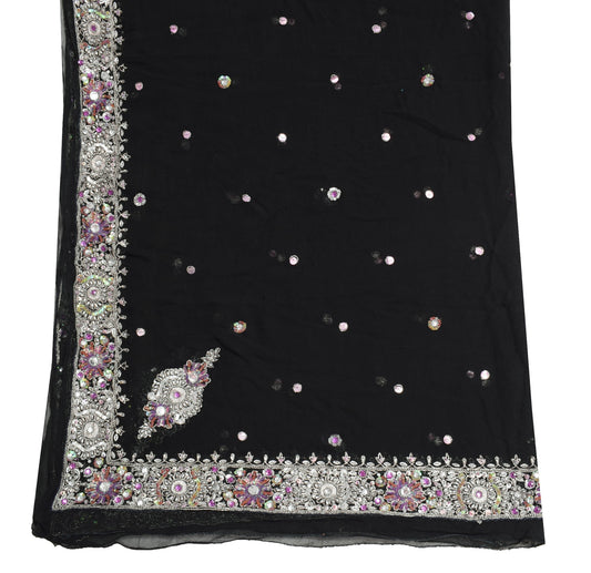 Sushila Vintage Black Hand Beaded Floral Dupatta Pure Georgette Silk Long Stole