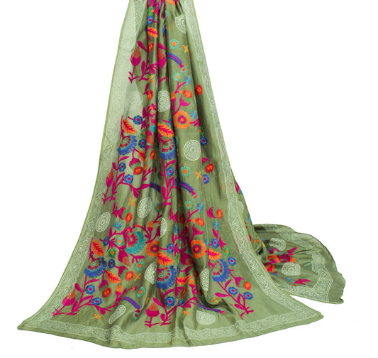 Sushila Vintage Green Floral Embroidered Dupatta Cotton Hand Block Long Stole