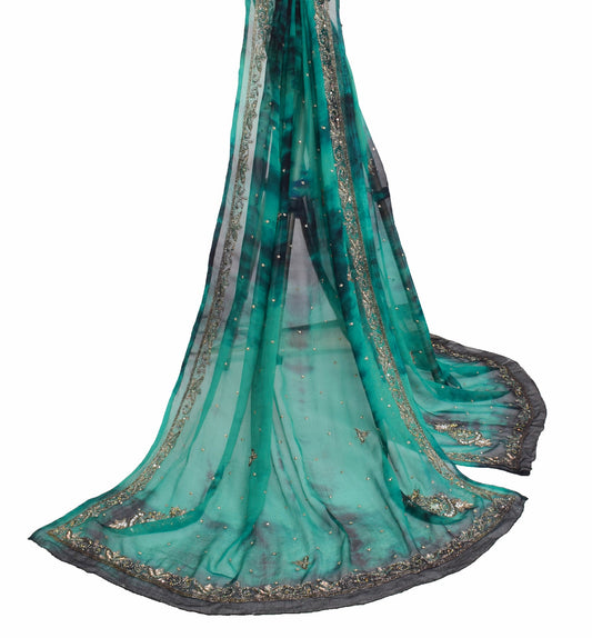 Sushila Vintage Aqua Green Tie-Dye Dupatta Pure Chiffon Silk Floral Long Stole