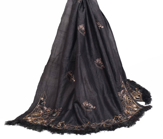 Sushila Vintage Black 100% Pure Silk Dupatta Zari Embroidered Floral Long Stole