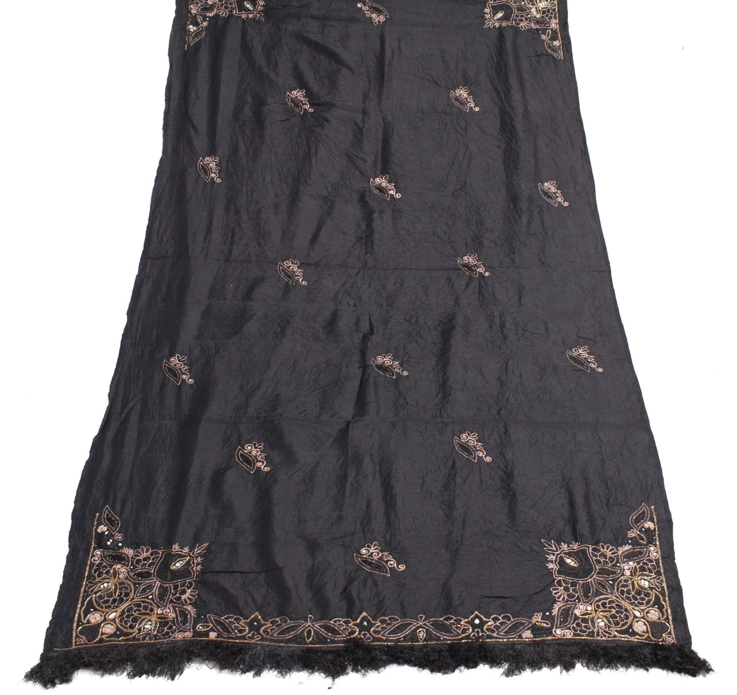 Sushila Vintage Black 100% Pure Silk Dupatta Zari Embroidered Floral Long Stole