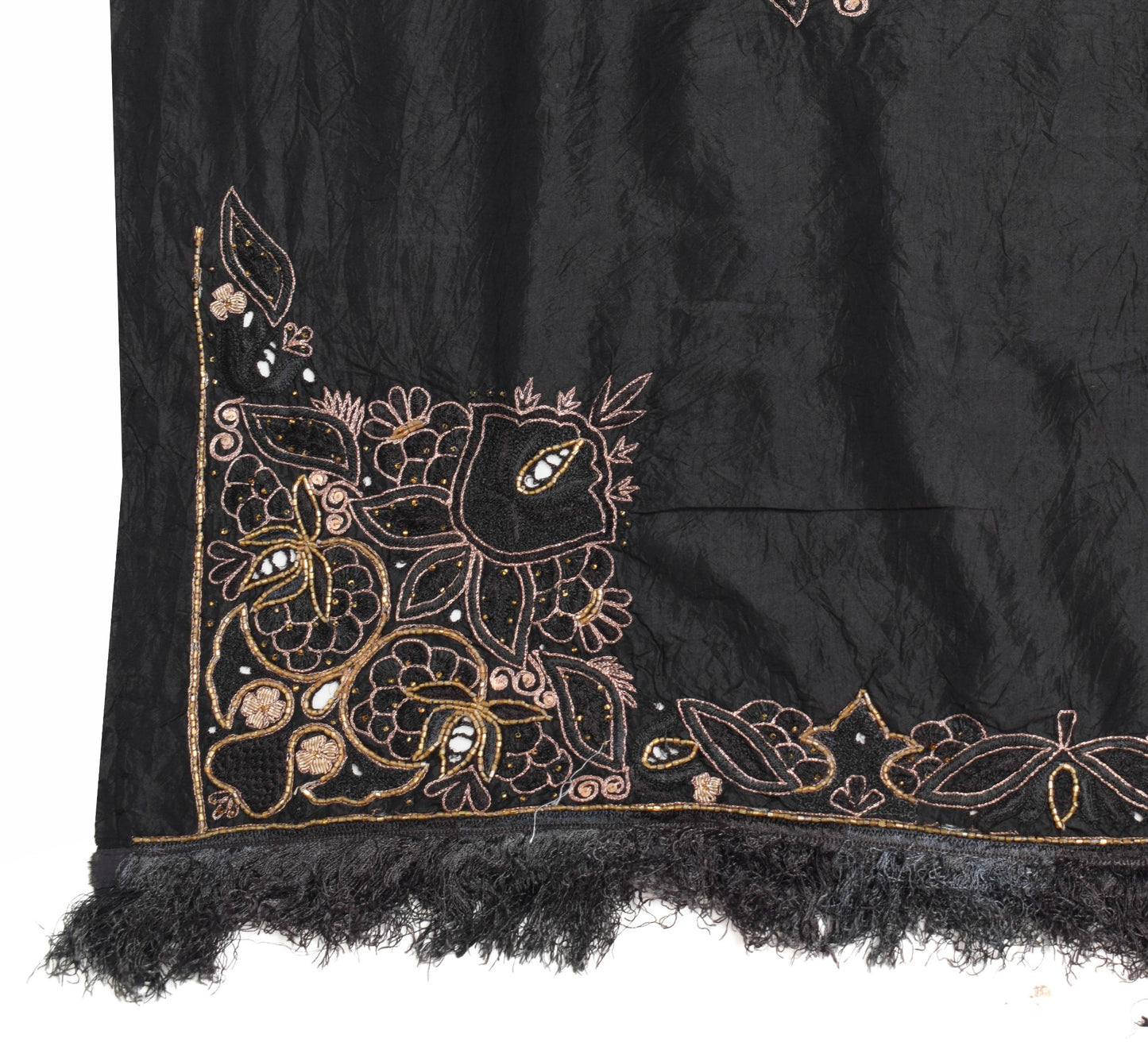 Sushila Vintage Black 100% Pure Silk Dupatta Zari Embroidered Floral Long Stole