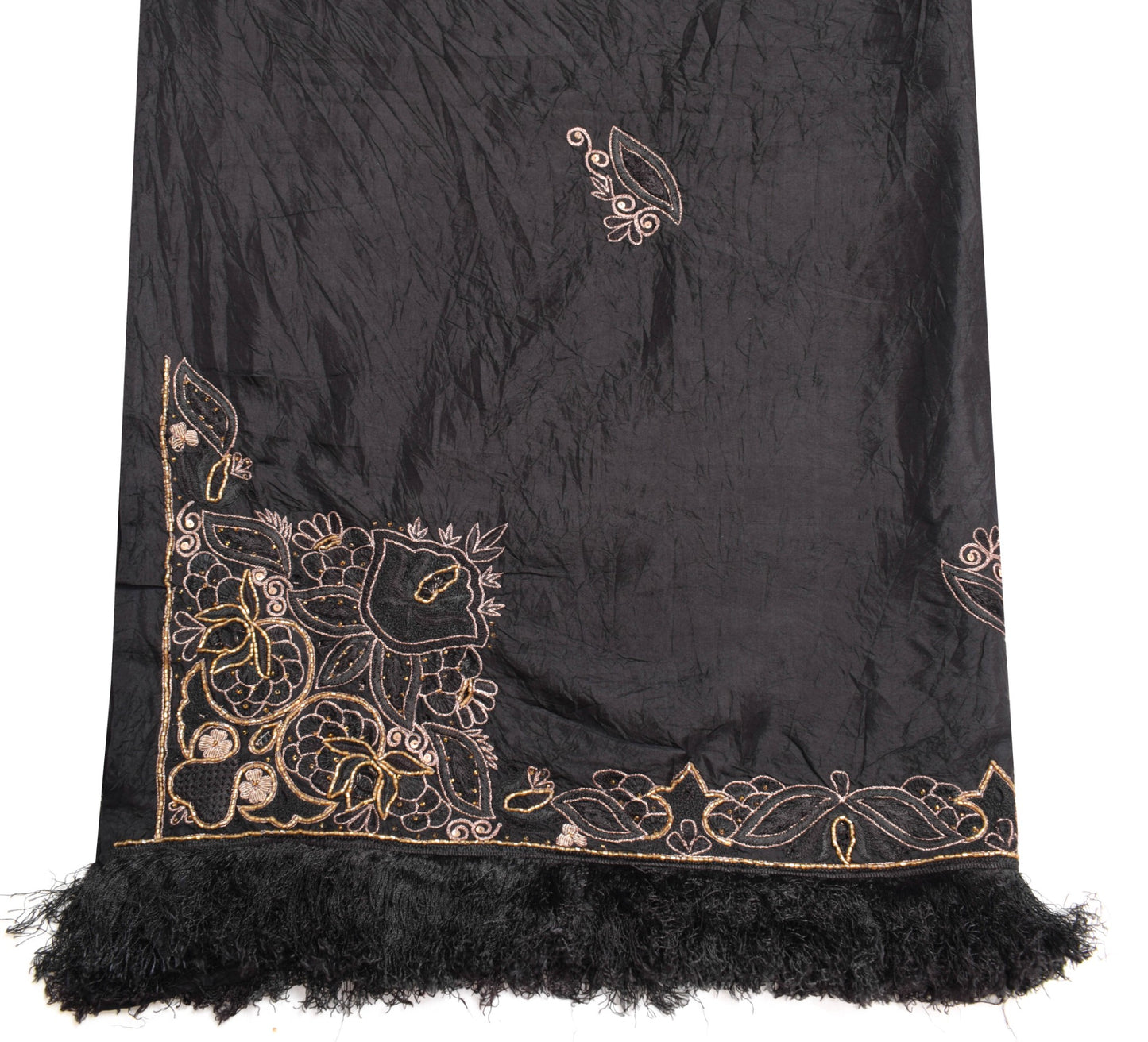 Sushila Vintage Black 100% Pure Silk Dupatta Zari Embroidered Floral Long Stole