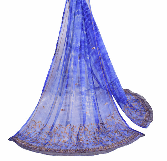 Sushila Vintage Blue Floral Embroidered Dupatta Pure Chiffon Tie-Dye Long Stole