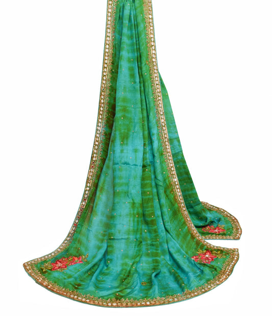 Sushila Vintage Green Tie-Dye Dupatta Pure Chiffon Silk Embroidered Long Stole