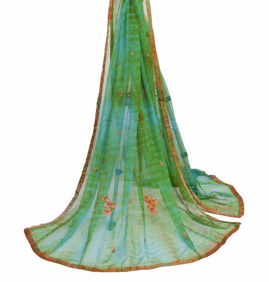 Sushila Vintage Green Tie-Dye Dupatta Pure Chiffon Hand Embroidered Long Stole