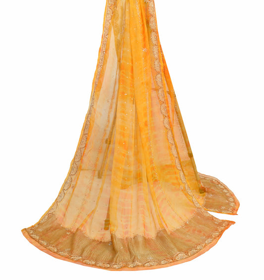 Sushila Vintage Yellow Orange Tie-Dye Dupatta Zari Embroidere Chiffon Long Stole