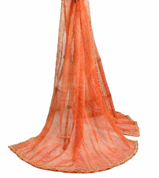 Sushila Vintage Orange Tie-Dye Dupatta Chiffon Silk Zardozi Work Long Stole Wrap