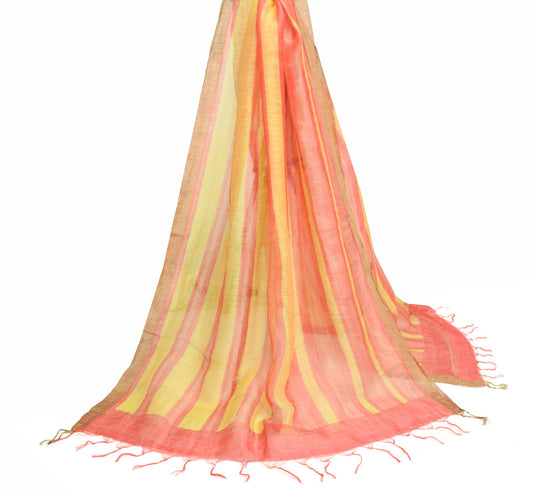 Sushila Vintage Yellow & Pink Dupatta 100% Pure Silk Stripes Printed Long Stole