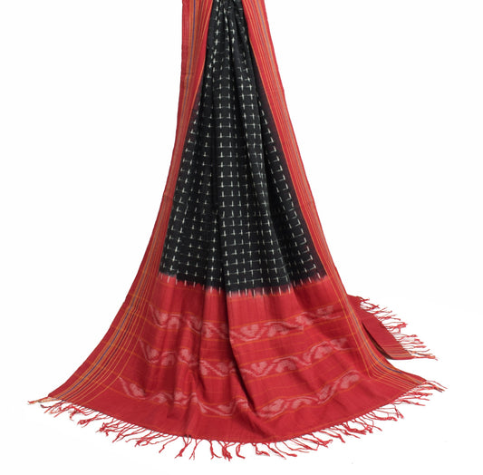 Sushila Vintage Black Maroon Dupatta 100% Pure Cotton Hand Woven Ikat Long Stole