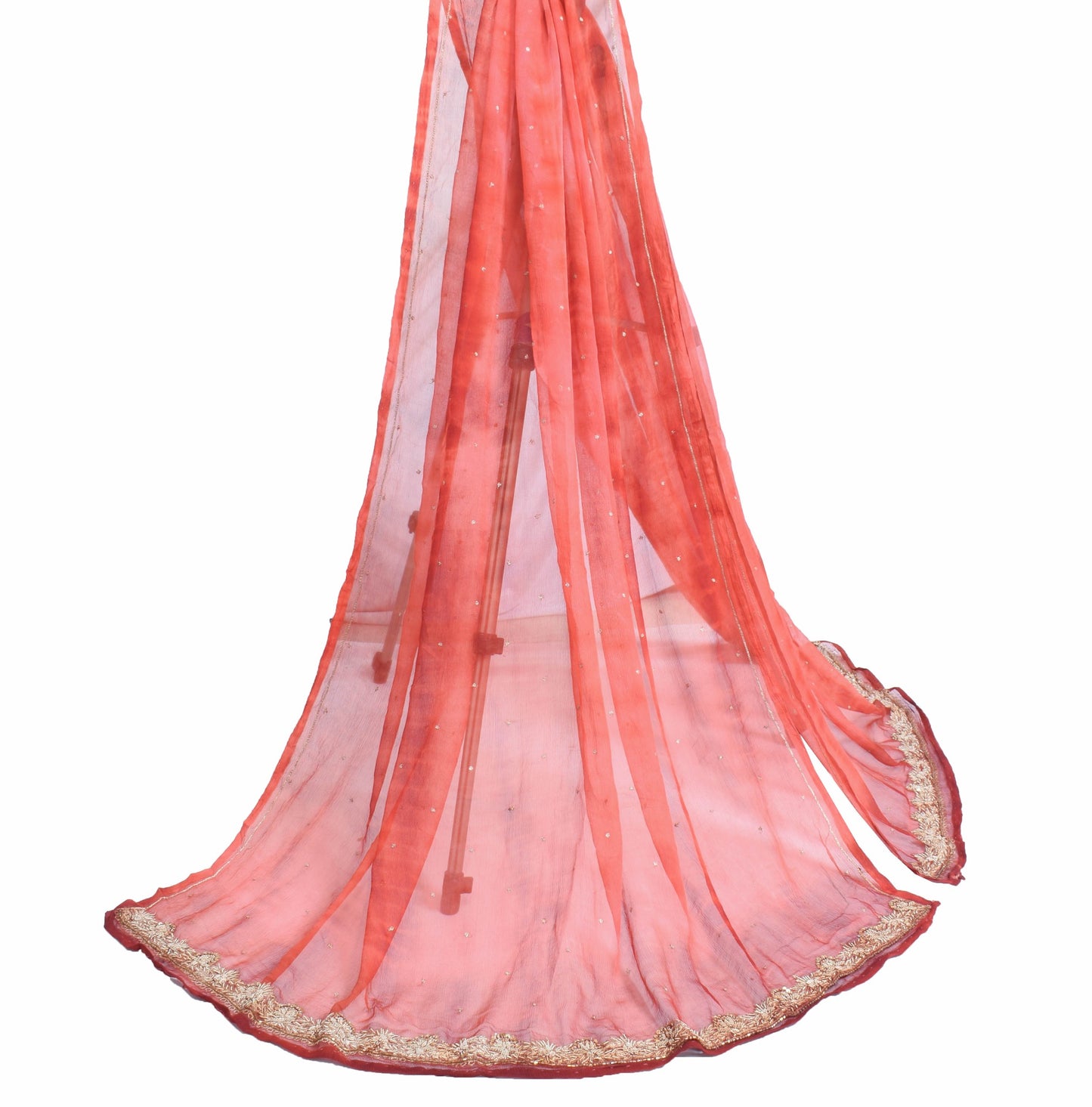 Sushila Vintage Rust Tie-Dye Pure Chiffon Dupatta Hand Beaded Long Stole Scarves