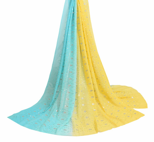 Sushila Vintage Yellow Blue Floral Dupatta Pure Georgette Hand Beaded Long Stole