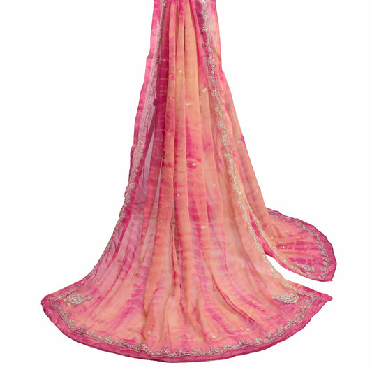 Sushila Vintage Chiffon Silk Tie-Dye Dupatta Hand Beaded Wedding Long Stole Wrap