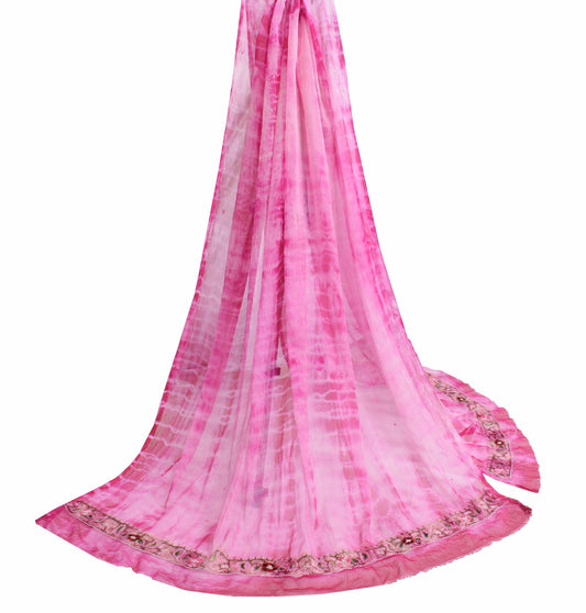 Sushila Vintage Pink Tie-Dye Dupatta Chiffon Silk Embroidered Long Stole Hijab