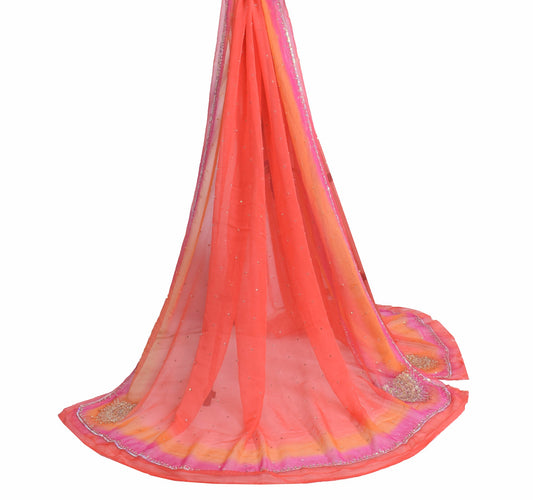 Sushila Vintage Dark Peach Dupatta 100% Pure Georgette Hand Beaded Long Stole