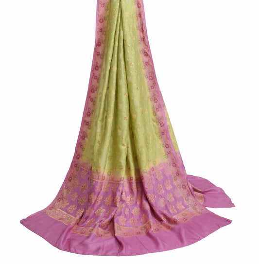 Sushila Vintage Green & Purple Dupatta 100% Pure Silk Floral Woven Long Stole