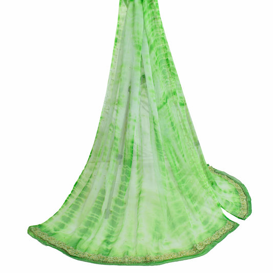 Sushila Vintage Pure Chiffon Tie-Dye Dupatta Zari Embroidered Long Stole Scarves