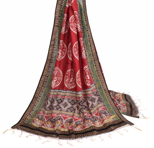 Sushila Vintage Dark Red 100% Pure Cotton Dupatta Human Printed Long Stole Veil