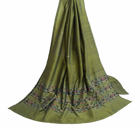 Sushila Vintage Green 100% Pure Cotton Dupatta Hand Woven Ikat Soft Long Stole