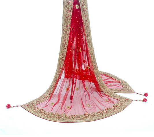 Sushila Vintage Red Net Dupatta with Heavy Border Bridal Wedding Wear Long Stole