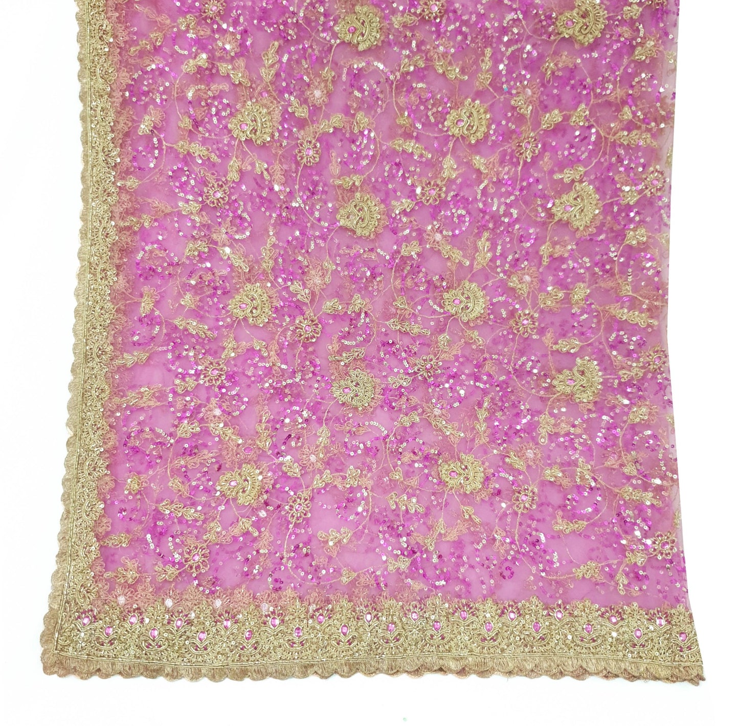 Sushila Vintage Pink Net Heavy Dupatta Sequins Zari Work Wedding Long Stole Wrap