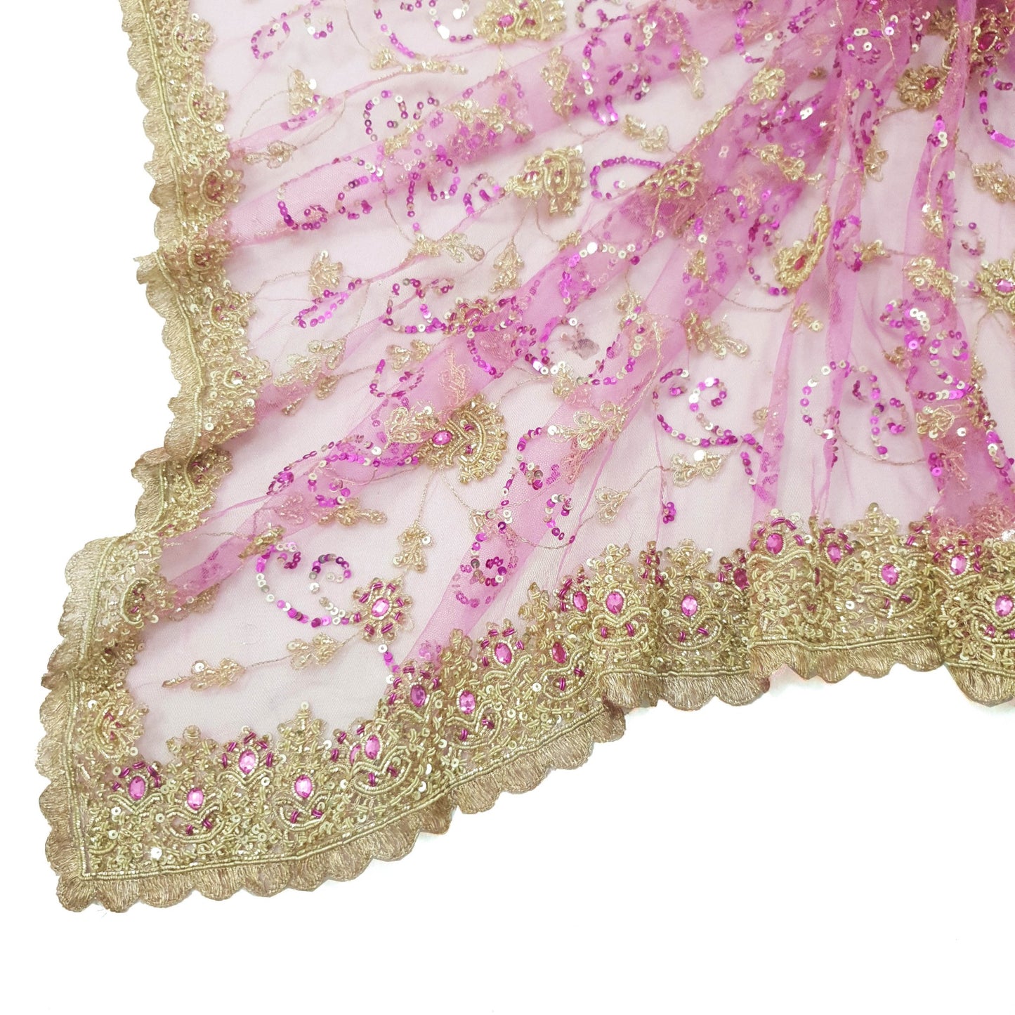 Sushila Vintage Pink Net Heavy Dupatta Sequins Zari Work Wedding Long Stole Wrap