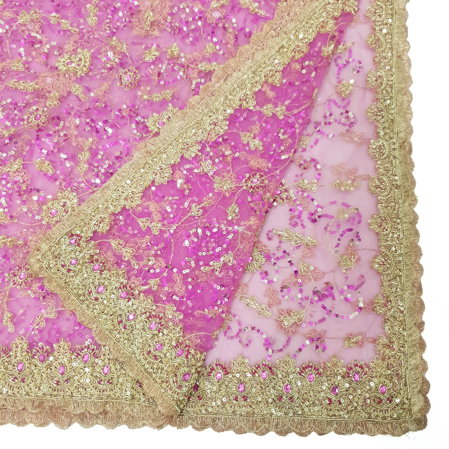 Sushila Vintage Pink Net Heavy Dupatta Sequins Zari Work Wedding Long Stole Wrap