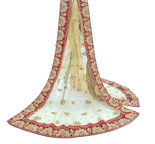 Sushila Vintage Beige Net Dupatta Bridal Hand Beaded Velvet Border Long Stole