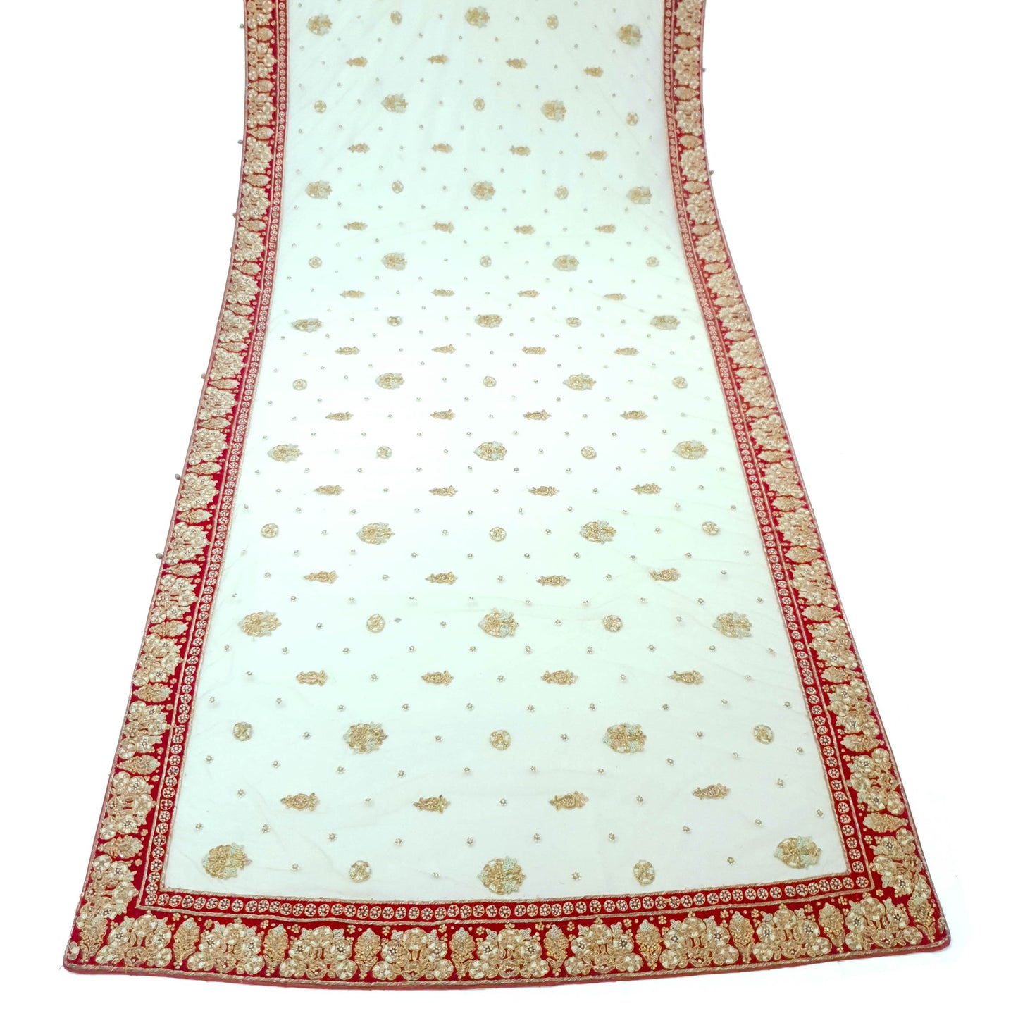 Sushila Vintage Beige Net Dupatta Bridal Hand Beaded Velvet Border Long Stole