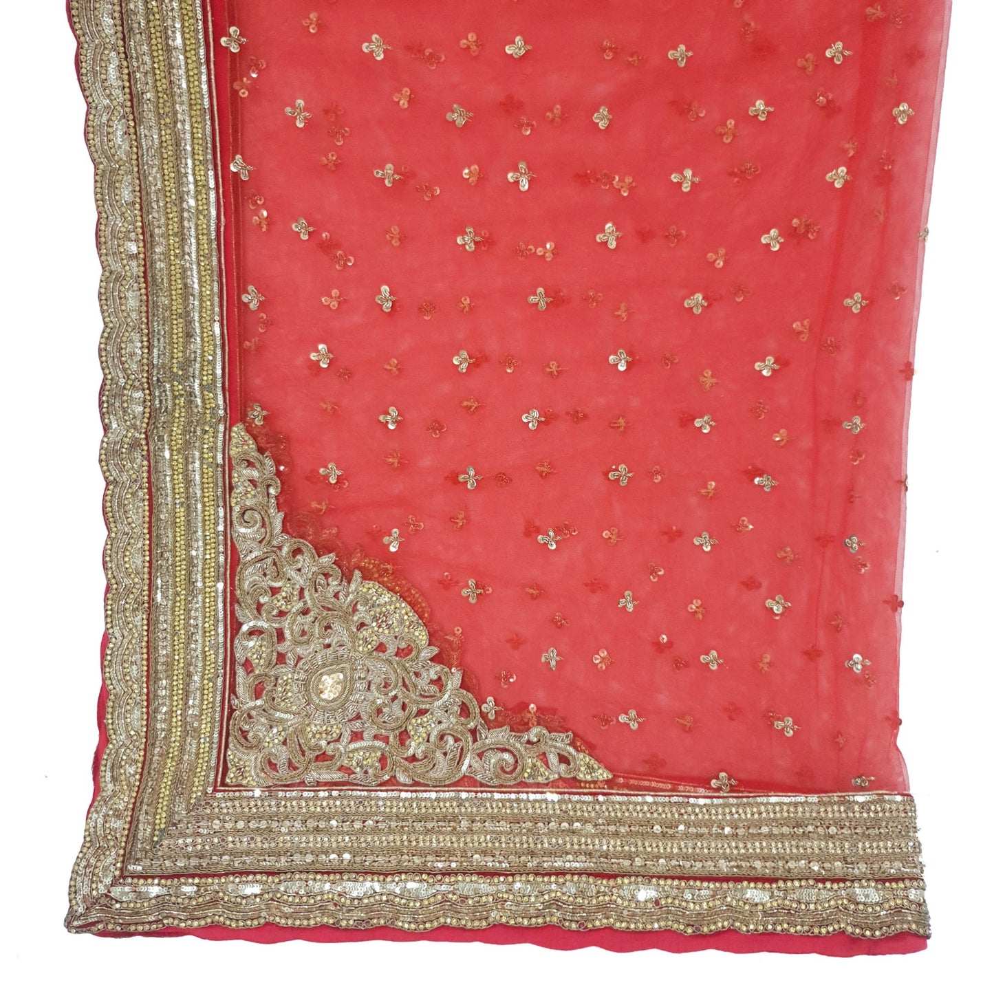 Sushila Vintage Red Bridal Heavy Dupatta Sequins Embellish Net Mesh Long Stole