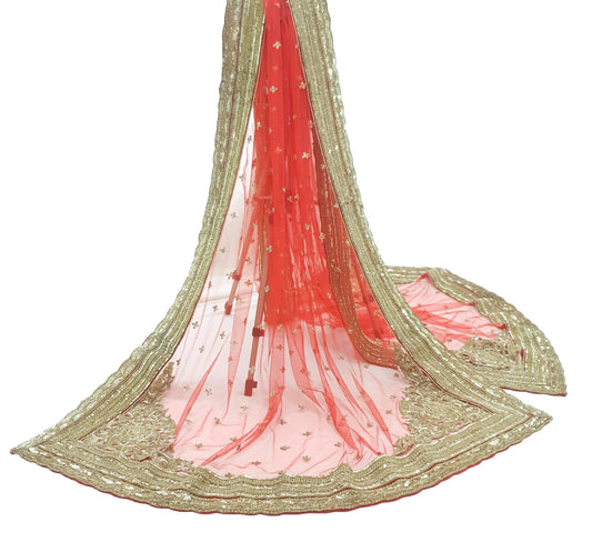 Sushila Vintage Red Bridal Heavy Dupatta Sequins Embellish Net Mesh Long Stole